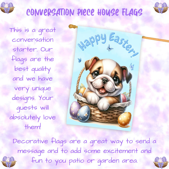 Bulldog Spring Easter House Flag 28x40 Double Sided Puppy Eggs Outdoor Yard Farmhouse Decor