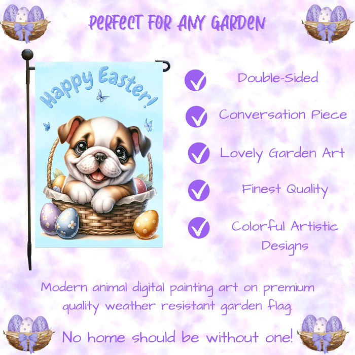 Bulldog Easter Garden Flag Puppy Bunny Ears Eggs Farmhouse Yard Décor Banner 12x18 Inch Single Side and Double Sided