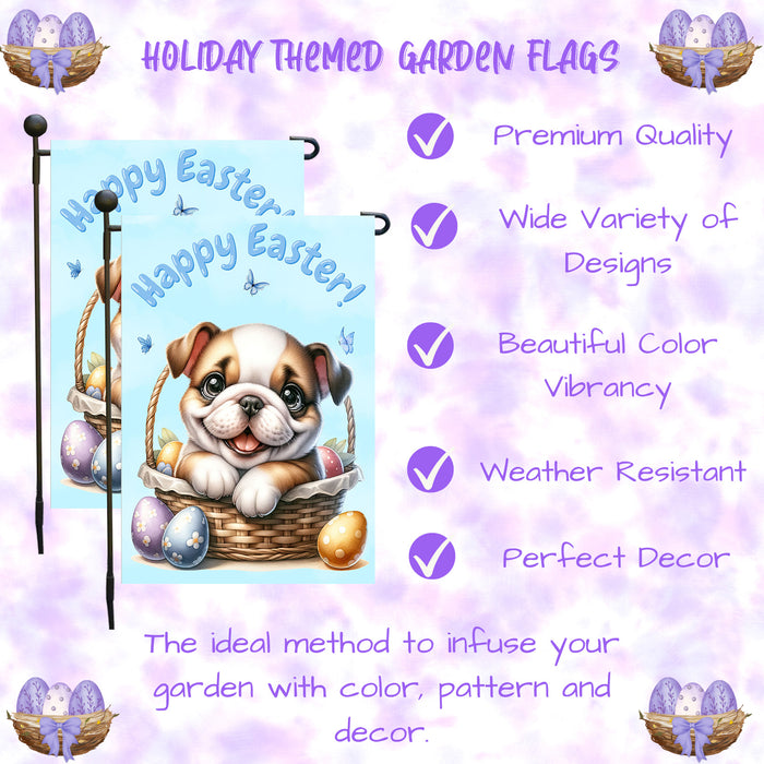 Bulldog Easter Garden Flag Puppy Bunny Ears Eggs Farmhouse Yard Décor Banner 12x18 Inch Single Side and Double Sided