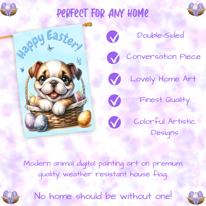 Bulldog Spring Easter House Flag 28x40 Double Sided Puppy Eggs Outdoor Yard Farmhouse Decor