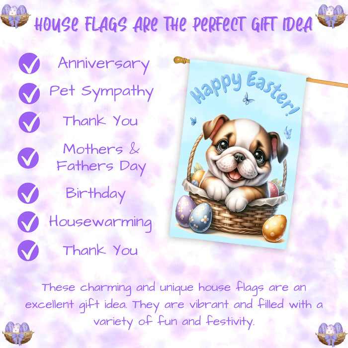 Bulldog Spring Easter House Flag 28x40 Double Sided Puppy Eggs Outdoor Yard Farmhouse Decor