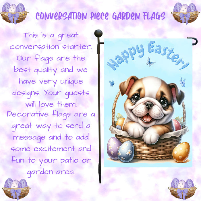 Bulldog Easter Garden Flag Puppy Bunny Ears Eggs Farmhouse Yard Décor Banner 12x18 Inch Single Side and Double Sided