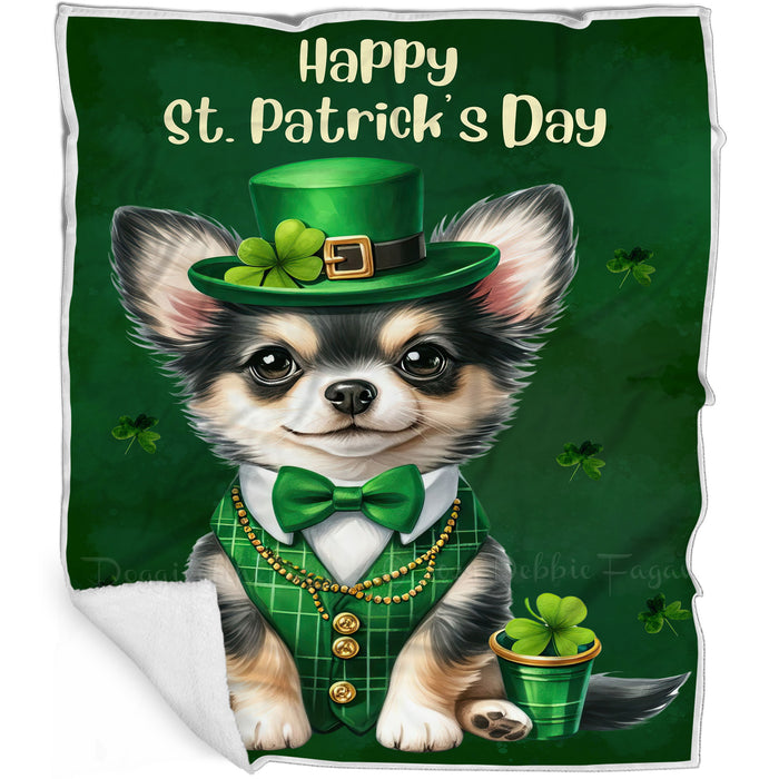 Chihuahua St. Patrick's Irish Dog Blanket, Irish Woof Warmth, Fleece, Woven, Sherpa Blankets, Puppy with Hats, Gifts for Pet Lovers