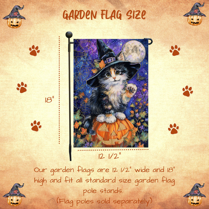 Halloween Witch Hat Abyssinian Kitten Garden Flag with Pumpkin Spooky Fall Outdoor Decoration Autumn Yard Banner for Cat Lovers Pet Moms Single or Double Sided 12.5 x 18