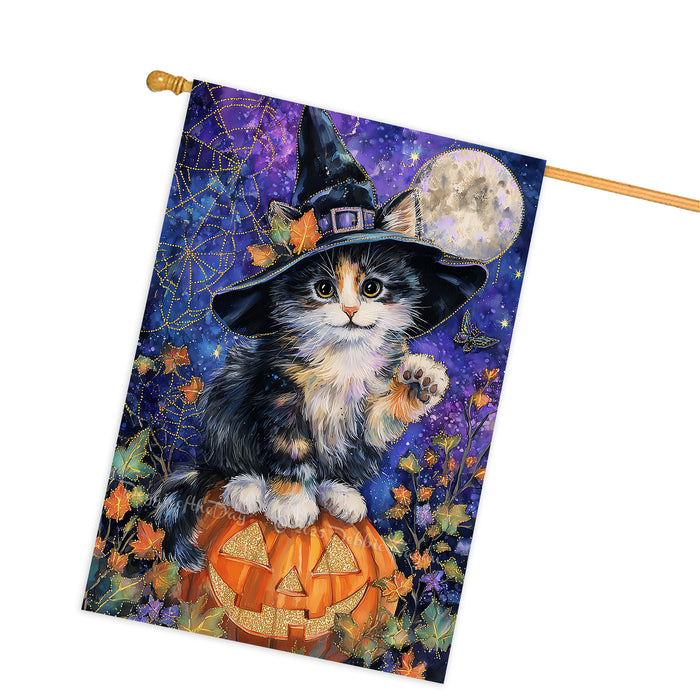 Halloween Witch Hat Abyssinian Kitten House Flag with Pumpkin Spooky Fall Outdoor Decoration Autumn Porch Lawn Patio Décor for Cat Lovers Double Sided 28 x 40