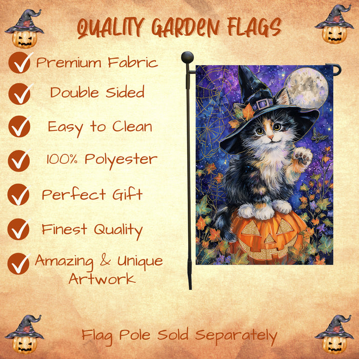 Halloween Witch Hat Abyssinian Kitten Garden Flag with Pumpkin Spooky Fall Outdoor Decoration Autumn Yard Banner for Cat Lovers Pet Moms Single or Double Sided 12.5 x 18