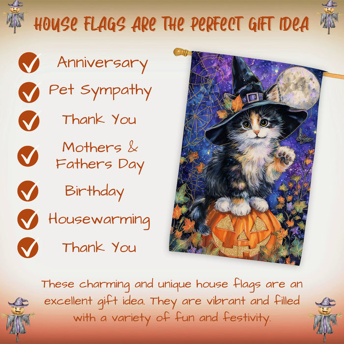 Halloween Witch Hat Abyssinian Kitten House Flag with Pumpkin Spooky Fall Outdoor Decoration Autumn Porch Lawn Patio Décor for Cat Lovers Double Sided 28 x 40