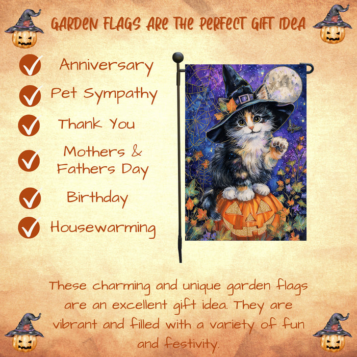 Halloween Witch Hat Abyssinian Kitten Garden Flag with Pumpkin Spooky Fall Outdoor Decoration Autumn Yard Banner for Cat Lovers Pet Moms Single or Double Sided 12.5 x 18