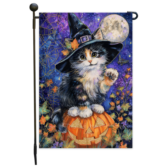 Halloween Witch Hat Abyssinian Kitten Garden Flag with Pumpkin Spooky Fall Outdoor Decoration Autumn Yard Banner for Cat Lovers Pet Moms Single or Double Sided 12.5 x 18