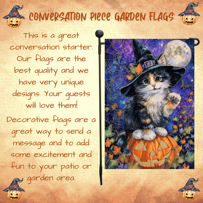 Halloween Witch Hat Abyssinian Kitten Garden Flag with Pumpkin Spooky Fall Outdoor Decoration Autumn Yard Banner for Cat Lovers Pet Moms Single or Double Sided 12.5 x 18