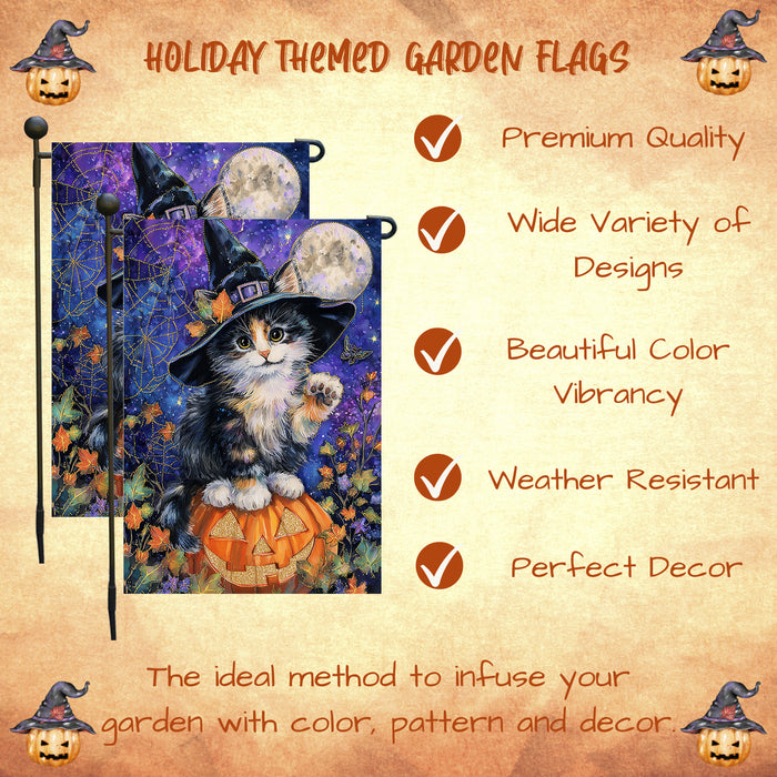 Halloween Witch Hat Abyssinian Kitten Garden Flag with Pumpkin Spooky Fall Outdoor Decoration Autumn Yard Banner for Cat Lovers Pet Moms Single or Double Sided 12.5 x 18