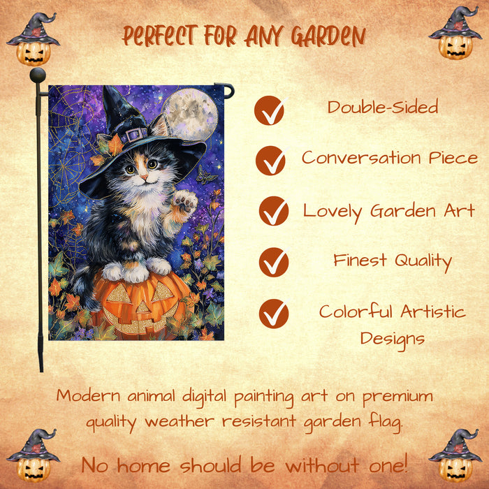 Halloween Witch Hat Abyssinian Kitten Garden Flag with Pumpkin Spooky Fall Outdoor Decoration Autumn Yard Banner for Cat Lovers Pet Moms Single or Double Sided 12.5 x 18