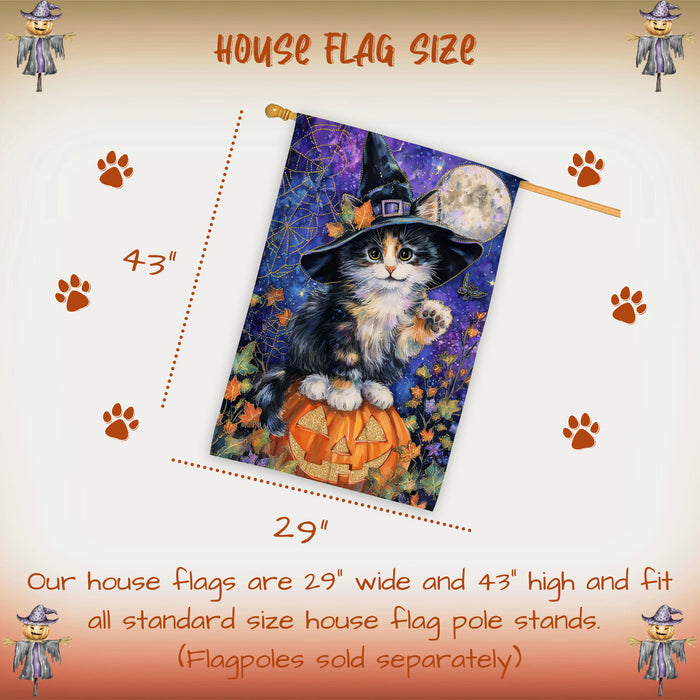 Halloween Witch Hat Abyssinian Kitten House Flag with Pumpkin Spooky Fall Outdoor Decoration Autumn Porch Lawn Patio Décor for Cat Lovers Double Sided 28 x 40