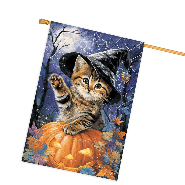 Bengal Cat Halloween House Flag with Jack O Lantern Pumpkin Full Moon Spider Web Fall Outdoor Decoration Porch Lawn Patio Décor for Cat Lovers Double Sided 28 x 40