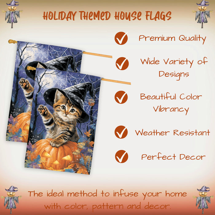 Bengal Cat Halloween House Flag with Jack O Lantern Pumpkin Full Moon Spider Web Fall Outdoor Decoration Porch Lawn Patio Décor for Cat Lovers Double Sided 28 x 40