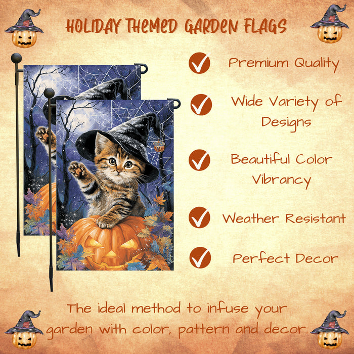 Bengal Cat Halloween Garden Flag for Outside Décor with Jack O Lantern Pumpkin Fall Yard Banner Full Moon Spider Web Outdoor Patio Flag for Cat Lovers Mailbox Flag Single or Double Sided 12.5 x 18