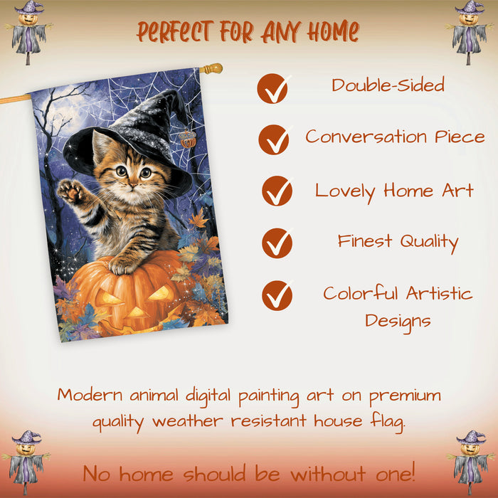 Bengal Cat Halloween House Flag with Jack O Lantern Pumpkin Full Moon Spider Web Fall Outdoor Decoration Porch Lawn Patio Décor for Cat Lovers Double Sided 28 x 40