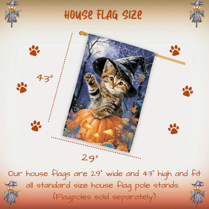 Bengal Cat Halloween House Flag with Jack O Lantern Pumpkin Full Moon Spider Web Fall Outdoor Decoration Porch Lawn Patio Décor for Cat Lovers Double Sided 28 x 40