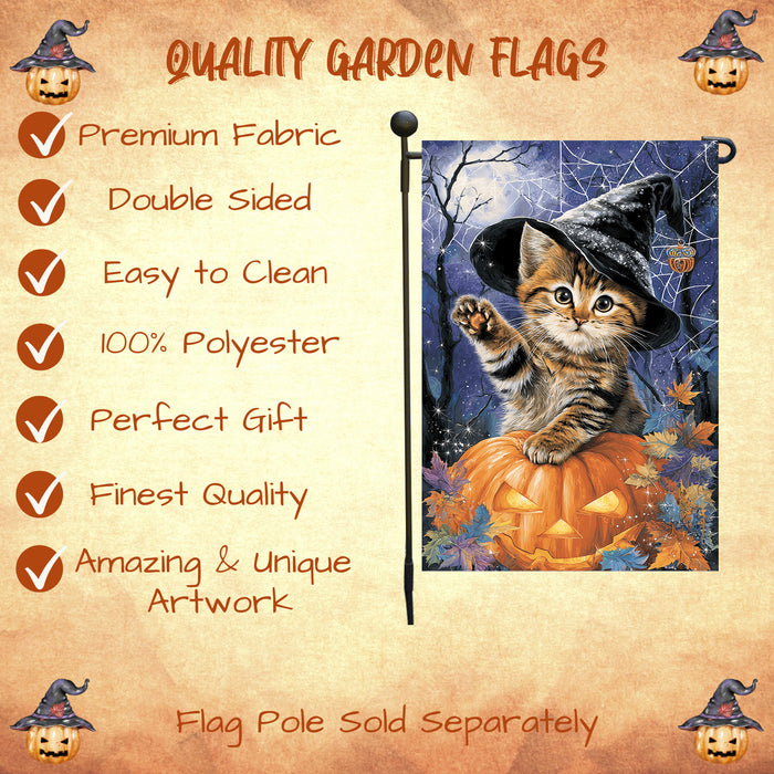 Bengal Cat Halloween Garden Flag for Outside Décor with Jack O Lantern Pumpkin Fall Yard Banner Full Moon Spider Web Outdoor Patio Flag for Cat Lovers Mailbox Flag Single or Double Sided 12.5 x 18