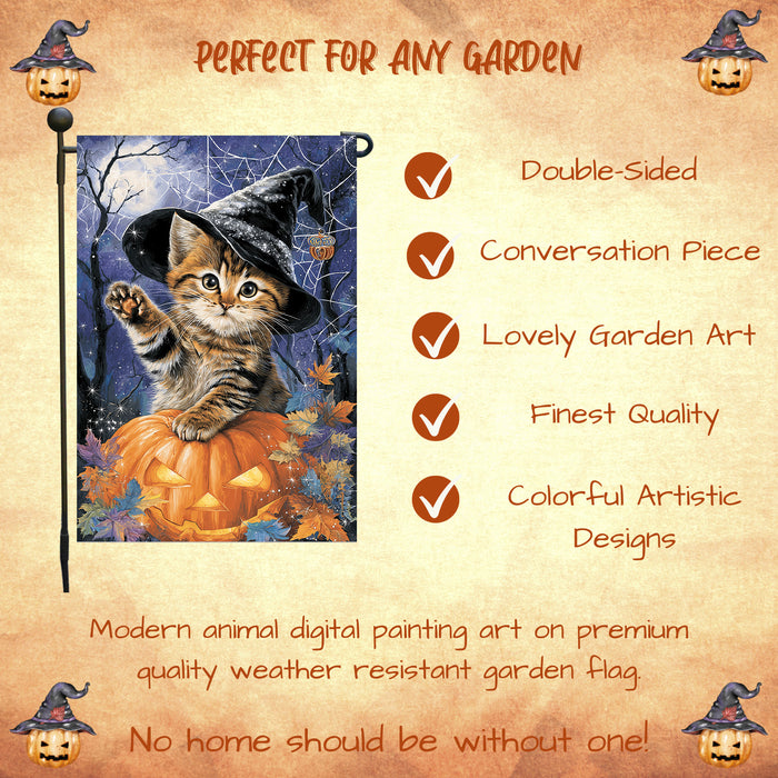 Bengal Cat Halloween Garden Flag for Outside Décor with Jack O Lantern Pumpkin Fall Yard Banner Full Moon Spider Web Outdoor Patio Flag for Cat Lovers Mailbox Flag Single or Double Sided 12.5 x 18