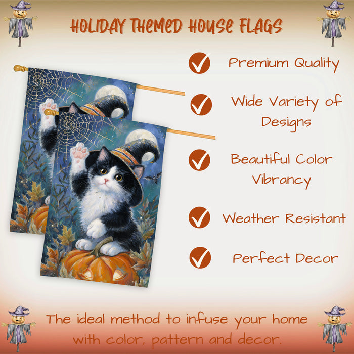Tuxedo Cat Halloween House Flag with Pumpkin and Spider Web Fall Harvest Outdoor Decoration Autumn Porch Lawn Patio Home Décor for Cat Lovers Double Sided 28 x 40