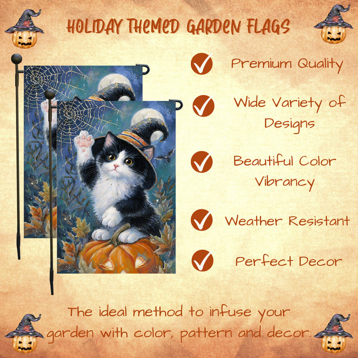 Tuxedo Cat Welcome Yard Flag for Halloween Farmhouse Holiday Outdoor Decoration Fall Pumpkin and Spider Web Garden Banner for Home Lawn Décor Single or Double Sided 12.5 x 18