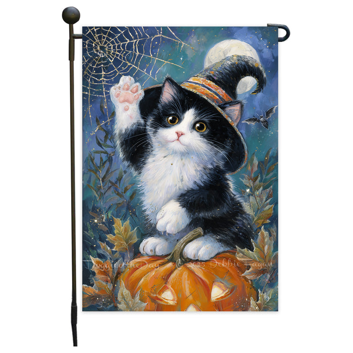Tuxedo Cat Welcome Yard Flag for Halloween Farmhouse Holiday Outdoor Decoration Fall Pumpkin and Spider Web Garden Banner for Home Lawn Décor Single or Double Sided 12.5 x 18