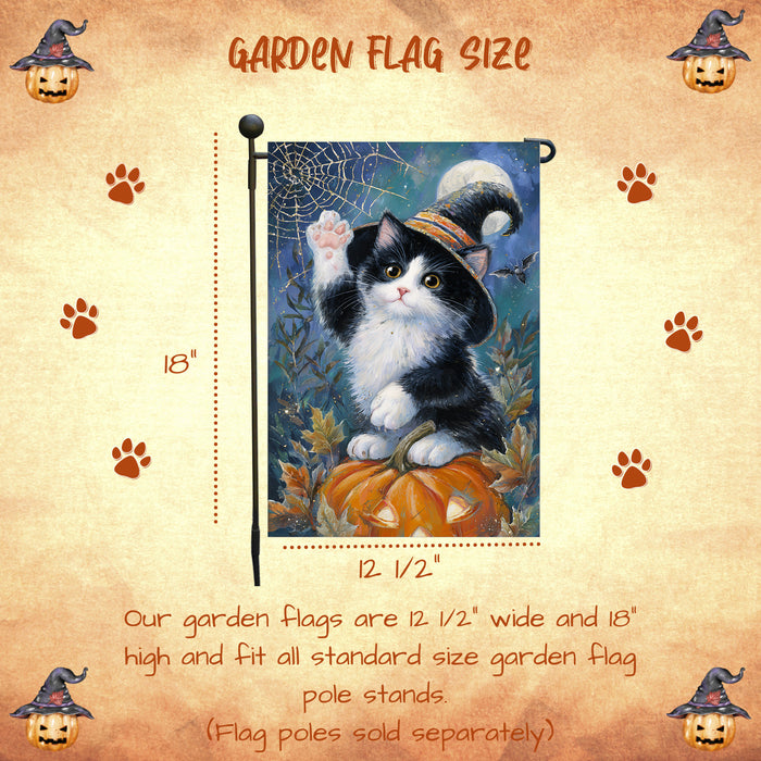 Tuxedo Cat Welcome Yard Flag for Halloween Farmhouse Holiday Outdoor Decoration Fall Pumpkin and Spider Web Garden Banner for Home Lawn Décor Single or Double Sided 12.5 x 18