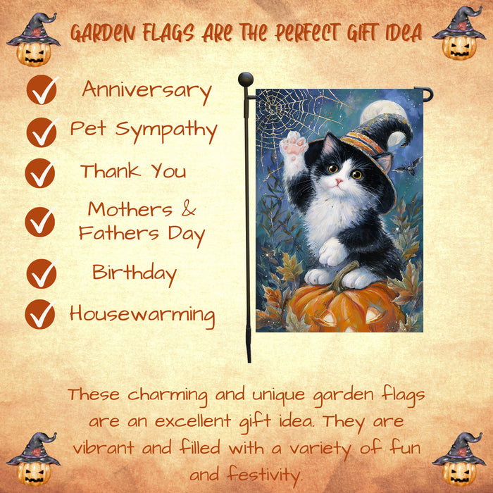 Tuxedo Cat Welcome Yard Flag for Halloween Farmhouse Holiday Outdoor Decoration Fall Pumpkin and Spider Web Garden Banner for Home Lawn Décor Single or Double Sided 12.5 x 18