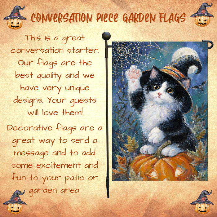Tuxedo Cat Welcome Yard Flag for Halloween Farmhouse Holiday Outdoor Decoration Fall Pumpkin and Spider Web Garden Banner for Home Lawn Décor Single or Double Sided 12.5 x 18