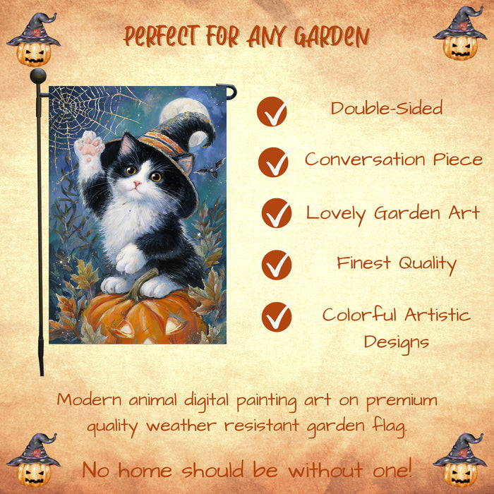 Tuxedo Cat Welcome Yard Flag for Halloween Farmhouse Holiday Outdoor Decoration Fall Pumpkin and Spider Web Garden Banner for Home Lawn Décor Single or Double Sided 12.5 x 18