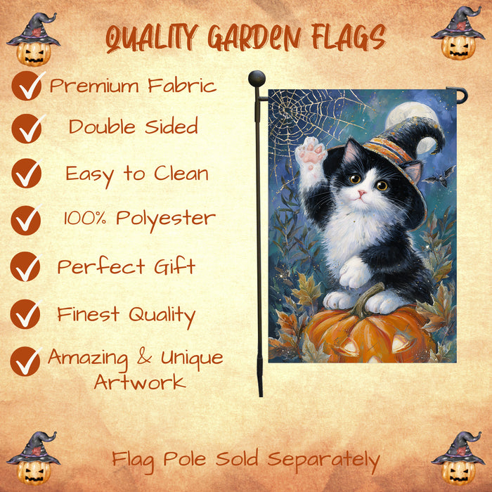 Tuxedo Cat Welcome Yard Flag for Halloween Farmhouse Holiday Outdoor Decoration Fall Pumpkin and Spider Web Garden Banner for Home Lawn Décor Single or Double Sided 12.5 x 18