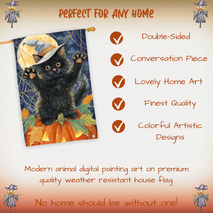 Fall Autumn Halloween Black Cat House Flag with Witch Hat Sitting on Pumpkin Farmhouse Porch Banner for Cat Lovers Spider Web Harvest Home Decoration Double Sided 28 x 40
