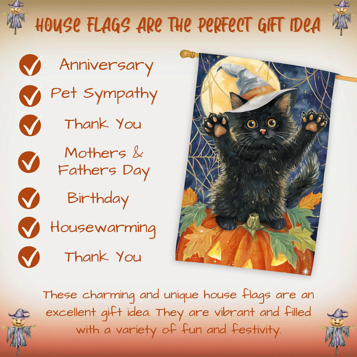 Fall Autumn Halloween Black Cat House Flag with Witch Hat Sitting on Pumpkin Farmhouse Porch Banner for Cat Lovers Spider Web Harvest Home Decoration Double Sided 28 x 40