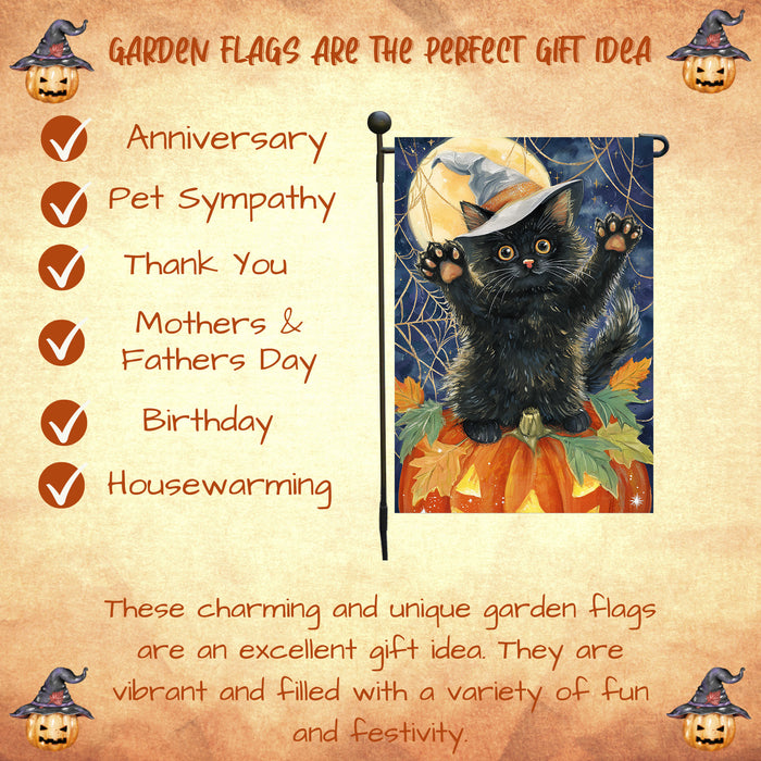 Fall Autumn Halloween Black Cat Garden Flag with Witch Hat Sitting on Pumpkin Farmhouse Yard Banner for Cat Lovers Spider Web Patio Flag Decoration Single or Double Sided 12.5 x 18