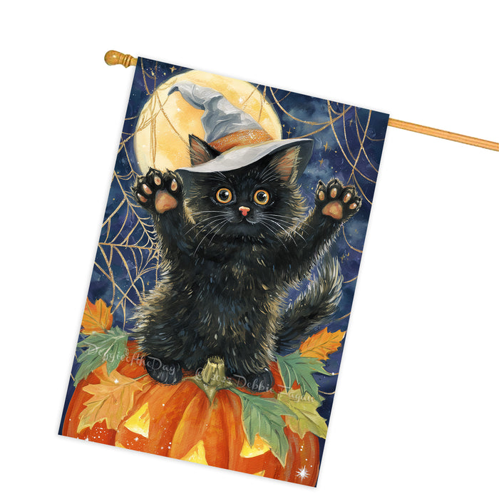 Fall Autumn Halloween Black Cat House Flag with Witch Hat Sitting on Pumpkin Farmhouse Porch Banner for Cat Lovers Spider Web Harvest Home Decoration Double Sided 28 x 40