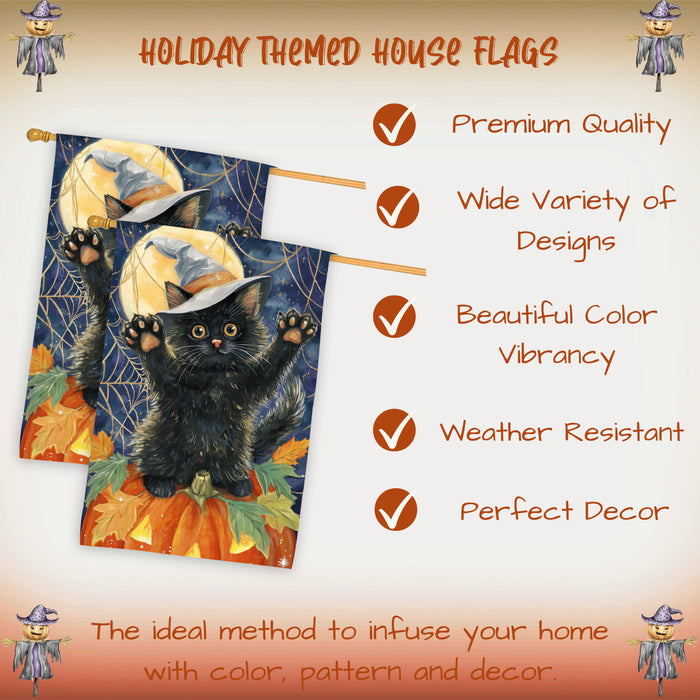 Fall Autumn Halloween Black Cat House Flag with Witch Hat Sitting on Pumpkin Farmhouse Porch Banner for Cat Lovers Spider Web Harvest Home Decoration Double Sided 28 x 40
