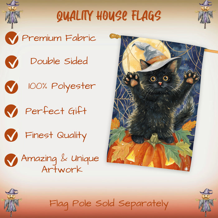 Fall Autumn Halloween Black Cat House Flag with Witch Hat Sitting on Pumpkin Farmhouse Porch Banner for Cat Lovers Spider Web Harvest Home Decoration Double Sided 28 x 40
