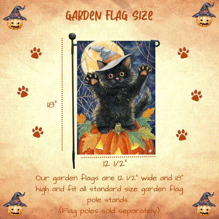 Fall Autumn Halloween Black Cat Garden Flag with Witch Hat Sitting on Pumpkin Farmhouse Yard Banner for Cat Lovers Spider Web Patio Flag Decoration Single or Double Sided 12.5 x 18