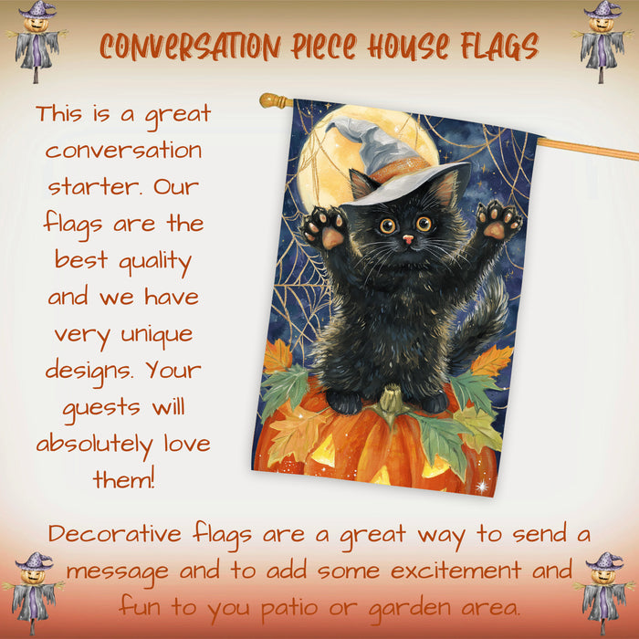 Fall Autumn Halloween Black Cat House Flag with Witch Hat Sitting on Pumpkin Farmhouse Porch Banner for Cat Lovers Spider Web Harvest Home Decoration Double Sided 28 x 40