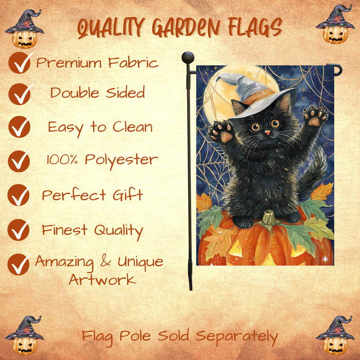 Fall Autumn Halloween Black Cat Garden Flag with Witch Hat Sitting on Pumpkin Farmhouse Yard Banner for Cat Lovers Spider Web Patio Flag Decoration Single or Double Sided 12.5 x 18