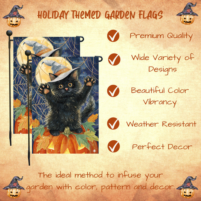 Fall Autumn Halloween Black Cat Garden Flag with Witch Hat Sitting on Pumpkin Farmhouse Yard Banner for Cat Lovers Spider Web Patio Flag Decoration Single or Double Sided 12.5 x 18