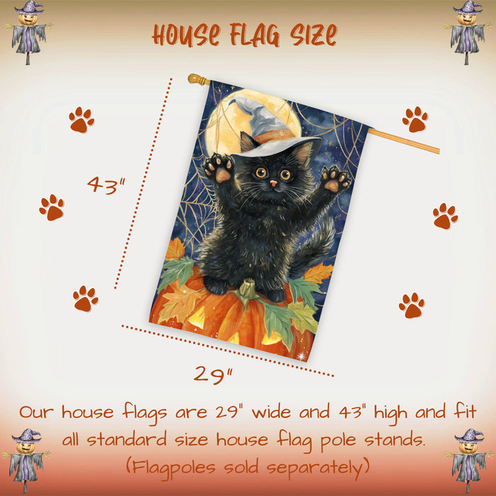 Fall Autumn Halloween Black Cat House Flag with Witch Hat Sitting on Pumpkin Farmhouse Porch Banner for Cat Lovers Spider Web Harvest Home Decoration Double Sided 28 x 40