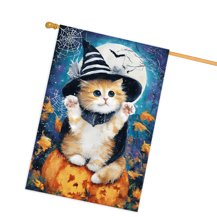 Persian Kitten Halloween House Flag with Witch Hat and Pumpkin Fall Harvest Full Moon Night Farmhouse Porch Outdoor Decoration for Cat Lovers Double Sided 28 x 40