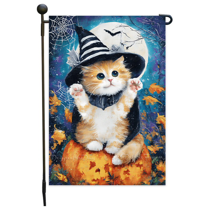 Persian Kitten Witch Hat Pumpkin Garden Flag for Halloween Lawn Welcome Flag Farmhouse Holiday Yard Outdoor Full Moon Autumn Cat Lovers Decoration Single or Double Sided 12.5 x 18