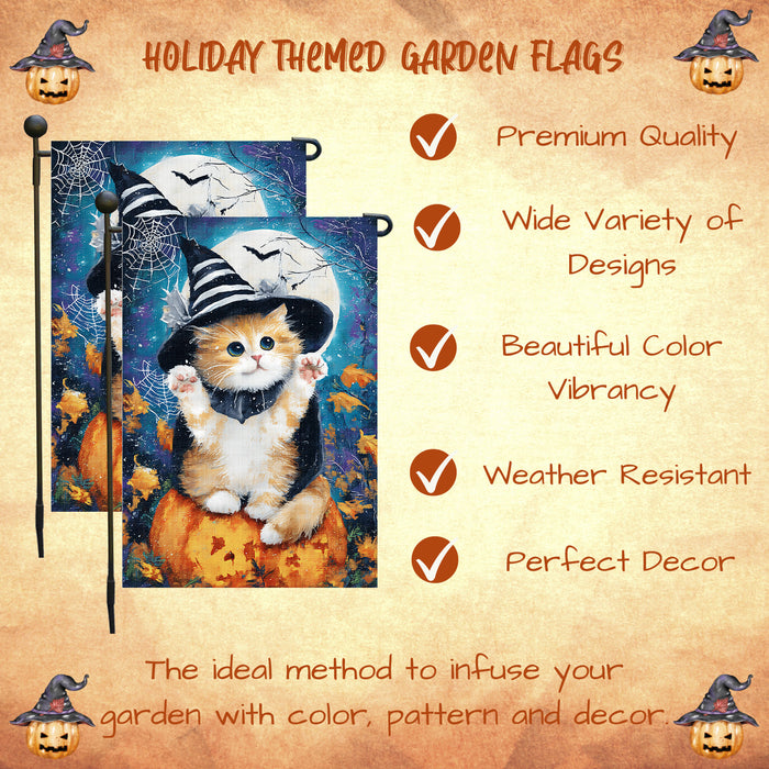 Persian Kitten Witch Hat Pumpkin Garden Flag for Halloween Lawn Welcome Flag Farmhouse Holiday Yard Outdoor Full Moon Autumn Cat Lovers Decoration Single or Double Sided 12.5 x 18