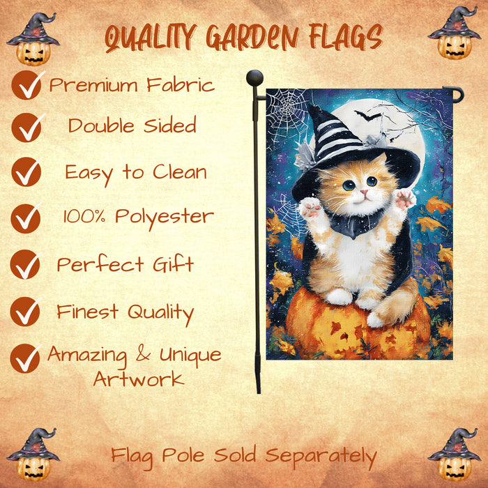 Persian Kitten Witch Hat Pumpkin Garden Flag for Halloween Lawn Welcome Flag Farmhouse Holiday Yard Outdoor Full Moon Autumn Cat Lovers Decoration Single or Double Sided 12.5 x 18