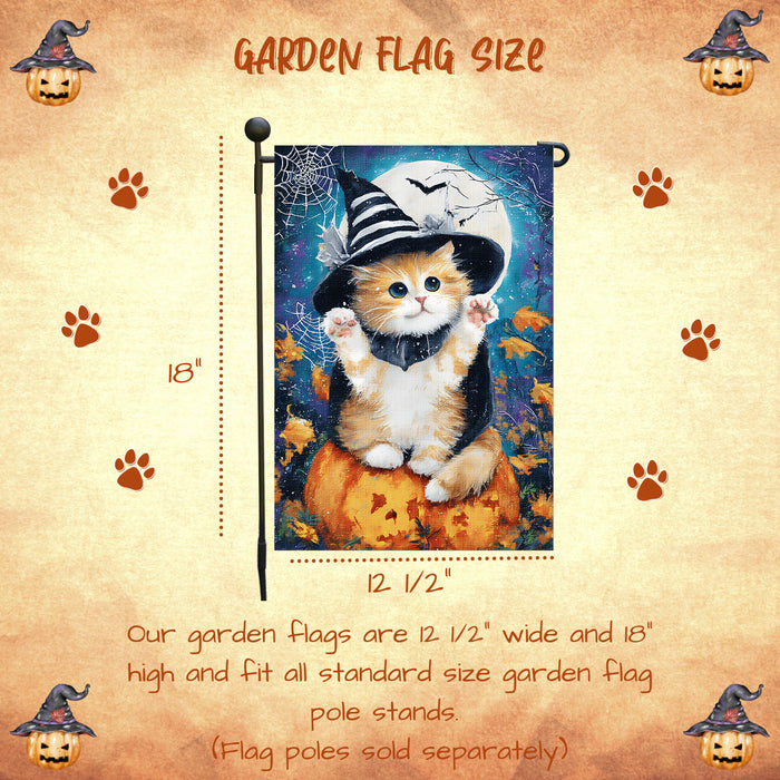 Persian Kitten Witch Hat Pumpkin Garden Flag for Halloween Lawn Welcome Flag Farmhouse Holiday Yard Outdoor Full Moon Autumn Cat Lovers Decoration Single or Double Sided 12.5 x 18