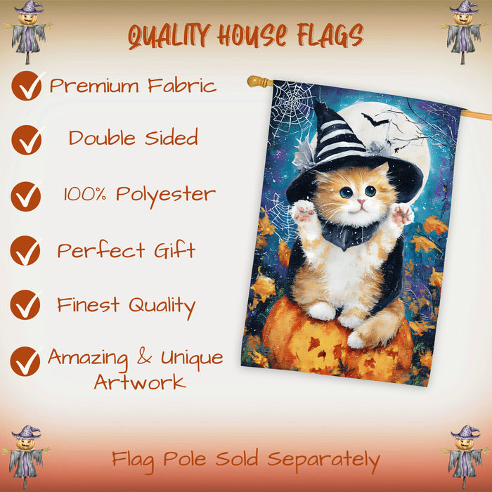 Persian Kitten Halloween House Flag with Witch Hat and Pumpkin Fall Harvest Full Moon Night Farmhouse Porch Outdoor Decoration for Cat Lovers Double Sided 28 x 40