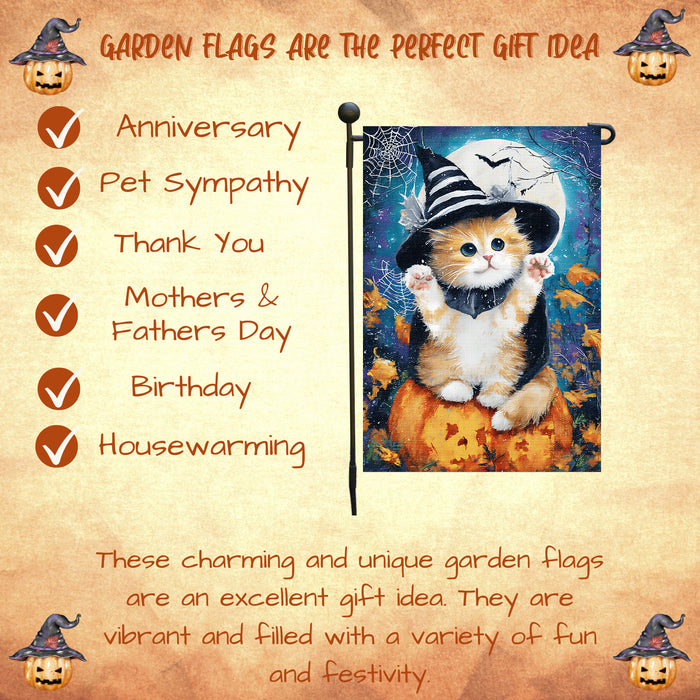 Persian Kitten Witch Hat Pumpkin Garden Flag for Halloween Lawn Welcome Flag Farmhouse Holiday Yard Outdoor Full Moon Autumn Cat Lovers Decoration Single or Double Sided 12.5 x 18